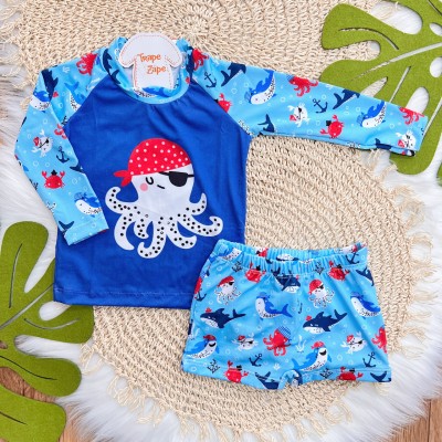 Linha Praia - Camiseta com Proteção UV50+ e Sunga - Polvo Pirata - Azul Claro e Marinho